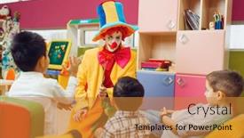  Presentation with play children - Amazing PPT theme having funny-clown-play-with-cheerful backdrop and a gold colored foreground
