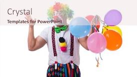  Presentation with clown - Beautiful PPT theme featuring funny clown with balloons isolated on white background backdrop and a sky blue colored foreground