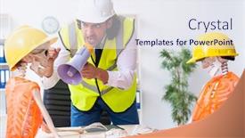  Presentation with funny construction - Theme featuring funny-construction-business-meeting background and a sky blue colored foreground
