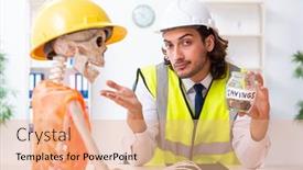  Presentation with skeletons - Colorful slide set enhanced with funny-construction-business-meeting backdrop and a coral colored foreground