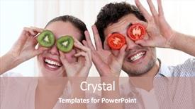  Presentation with fruit - Presentation design having funny couple covering their eyes background and a coral colored foreground