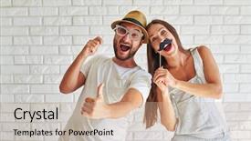  Presentation with funny - PPT layouts with funny couple holding paper moustache background and a coral colored foreground