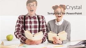  Presentation with school desk - Presentation theme consisting of funny couple of school nerds reading books while sitting at the desk isolated over white background background and a lemonade colored foreground