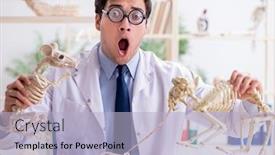  Presentation with skeletons - Amazing slide set having funny crazy professor studying animal skeletons backdrop and a light blue colored foreground