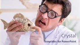  Presentation with skeletons - Presentation design featuring funny-crazy-professor-studying-animal background and a sky blue colored foreground