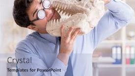  Presentation with dinosaur - Slide set featuring funny crazy professor studying dinosaur skeleton background and a light blue colored foreground