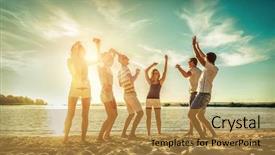  Presentation with diversity students friends happiness concept - PPT layouts enhanced with happiness friends funny dance on the beach under sunset sunlight in summer sunny day background and a yellow colored foreground
