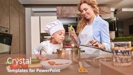  Presentation with family healthy eating - PPT theme consisting of funny-daughter-and-her-mother background and a coral colored foreground