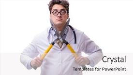  Presentation with instrument - Cool new PPT theme with funny doctor with shears isolated backdrop and a white colored foreground