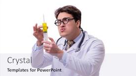  Presentation with syringe - Slide deck with funny doctor with syringe isolated on white background and a light blue colored foreground