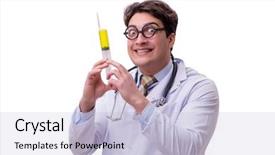  Presentation with vials science syringe vaccination - Beautiful slide deck featuring funny doctor with syringe isolated backdrop and a light blue colored foreground