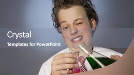  Presentation with flasks - PPT theme having funny emotional chemist with two flasks background and a gray colored foreground