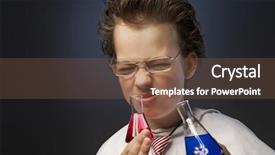  Presentation with flasks - Theme featuring funny emotional chemist with two flasks background and a tawny brown colored foreground