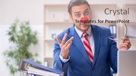  Presentation with clown - PPT theme featuring funny-employee-clown-working background and a soft green colored foreground