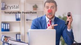  Presentation with clown - Presentation design consisting of funny-employee-clown-working background and a mint green colored foreground