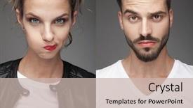  Presentation with faces - Colorful slides enhanced with funny faces on grey background backdrop and a soft green colored foreground