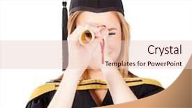  Presentation with certificate - Cool new slide set with funny female graduate looking through her certificate backdrop and a lemonade colored foreground