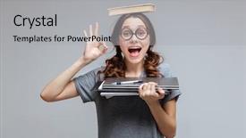  Presentation with eyeglasses - Cool new PPT theme with funny female nerd in eyeglasses with book on head which holding laptop and notebook in hand and showing ok sign backdrop and a light gray colored foreground