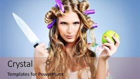  Presentation with blonde holding magnifying glass - Beautiful slides featuring funny foods - beautiful blonde woman housewife holding backdrop and a  colored foreground