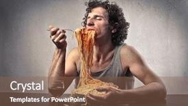  Presentation with spaghetti - Cool new presentation design with funny foods - man gorging of red spaghetti backdrop and a violet colored foreground