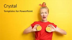  Presentation with yellow orange - Slide set with funny foods - young beautiful woman with orange background and a light gray colored foreground