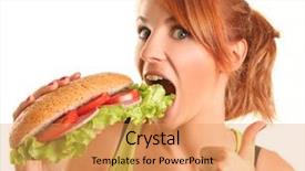  Presentation with fast food - Slides consisting of funny foods - young woman eating fast food background and a yellow colored foreground