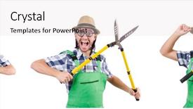  Presentation with funny retirement - Audience pleasing PPT theme consisting of funny gardener with shears isolated backdrop and a light gray colored foreground