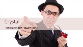  Presentation with black and white film strip - Theme enhanced with funny gentleman in striped suit isolated on white background and a lemonade colored foreground