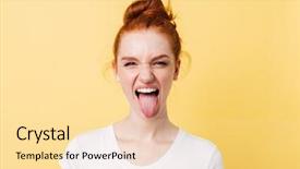  Presentation with weight loss woman showing - Beautiful PPT theme featuring funny ginger woman showing tongue backdrop and a blonde colored foreground