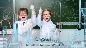  Presentation with funny - Slide set with funny girl and boy scientists background and a  colored foreground