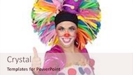  Presentation with saying - Cool new slide set with funny girl clown with a big colorful wig saying ok isolated on white background backdrop and a lemonade colored foreground