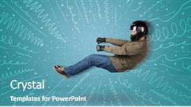  Presentation with vehicle - Beautiful PPT theme featuring funny guy drives an imaginary vehicle with drawn lines around him concept backdrop and a teal colored foreground