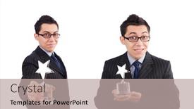  Presentation with award - PPT theme featuring funny-guy-receiving-award background and a mint green colored foreground