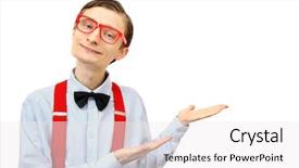  Presentation with product - Cool new slide deck with funny guy showing your product backdrop and a white colored foreground