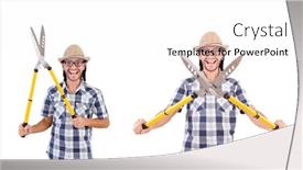  Presentation with garden - Beautiful presentation theme featuring funny-guy-with-garden-shears backdrop and a white colored foreground