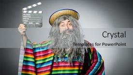  Presentation with clapper - Presentation theme consisting of funny hairy mexican with movie clapper background and a light gray colored foreground