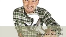 Presentation with handyman - PPT layouts having funny handyman smile and hold wrench isolated on white background and a mint green colored foreground