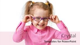  Presentation with funny - Cool new slide deck with funny-happy-girl-in-glasses backdrop and a coral colored foreground