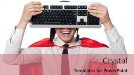  Presentation with hero - Slide set consisting of funny hero with keyboard isolated on the white background and a coral colored foreground