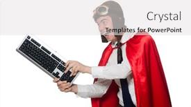  Presentation with hero - Presentation with funny hero with keyboard isolated on the white background and a light gray colored foreground