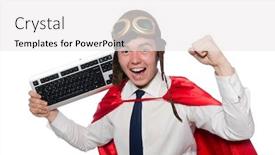 Presentation with hero - Slide set consisting of funny hero with keyboard isolated on the white background and a white colored foreground