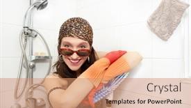  Presentation with hippie - Theme consisting of funny-hippie-woman-posing background and a coral colored foreground