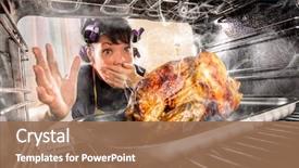  Presentation with chicken - Slide set having funny housewife overlooked roast chicken background and a coral colored foreground