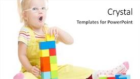  Presentation with white letters - Colorful slides enhanced with funny kid in eyeglases making tower using blocks with letters isolated on white backdrop and a white colored foreground