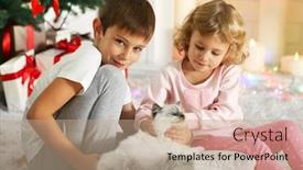  Presentation with christmas kids - Cool new slides with funny kids with gift boxes and christmas tree on background backdrop and a coral colored foreground