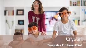  Presentation with eyes kids - Theme with funny kids with silly glasses on eyes at home background and a coral colored foreground