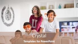  Presentation with eyes kids - Amazing PPT layouts having funny kids with silly glasses on eyes at home backdrop and a coral colored foreground