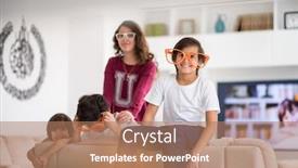  Presentation with eyes kids - Theme consisting of funny kids with silly glasses on eyes at home background and a coral colored foreground