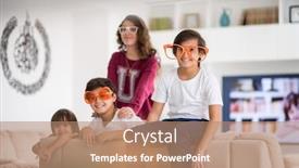  Presentation with eyes kids - Slides enhanced with funny kids with silly glasses on eyes at home background and a coral colored foreground