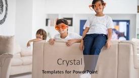  Presentation with eyes kids - Cool new PPT theme with funny kids with silly glasses on eyes at home backdrop and a mint green colored foreground